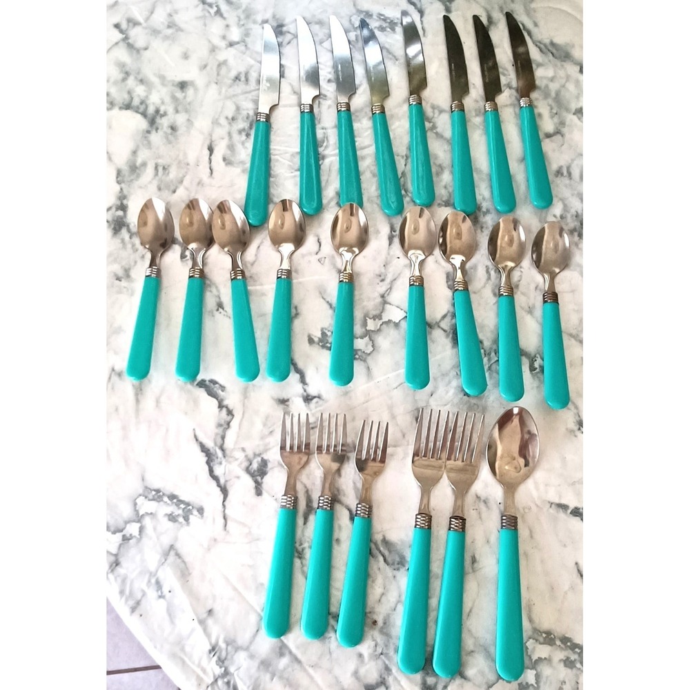 23pc Turquoise Teal Stainless Steel Flatware Set Retro MCM Silver Ring Handles
